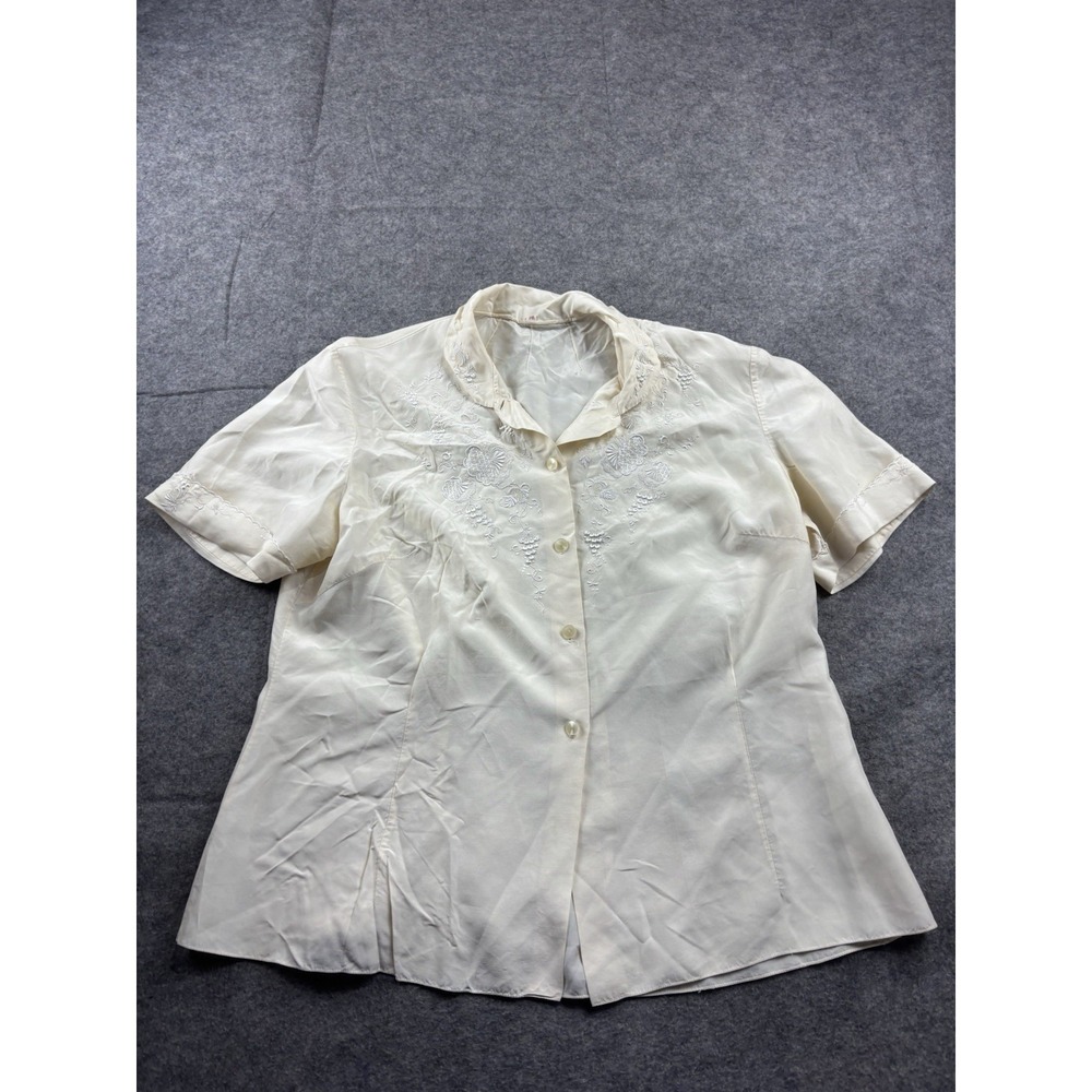 VTG Chinese Hand-Made Embroidered Silk Short-Sleeve Shirt 100% Silk Ivory 38‎ M?